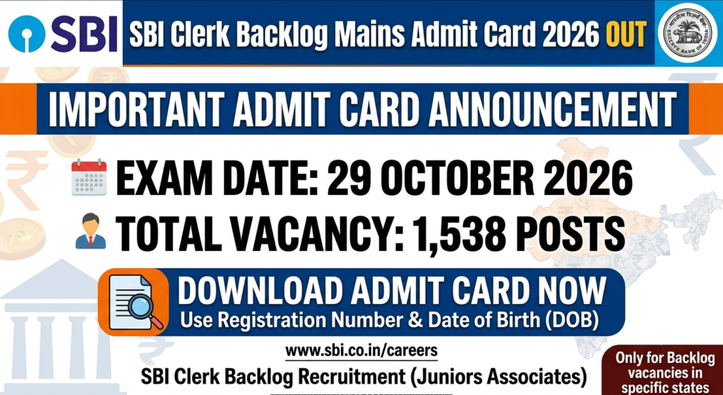 SBI Clerk Backlog Mains Admit Card 2026 Out